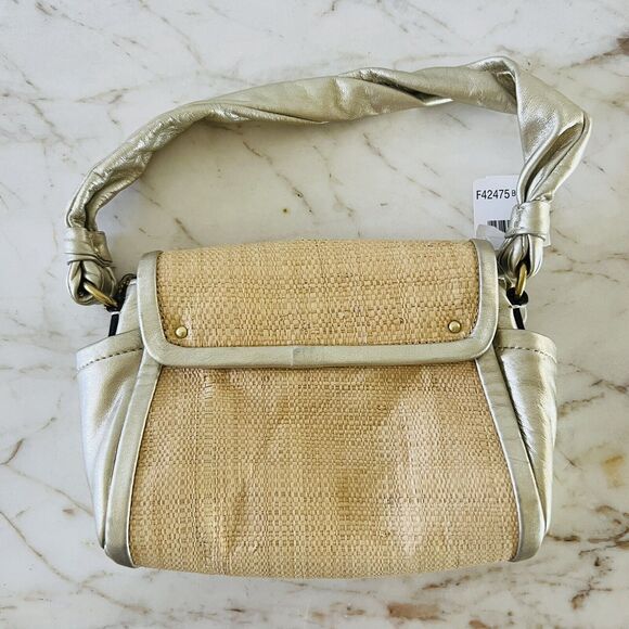 COACH Parker Straw Top Gold Leather Trim Top Handle Small Shoulder Bag - Picture 5 of 13